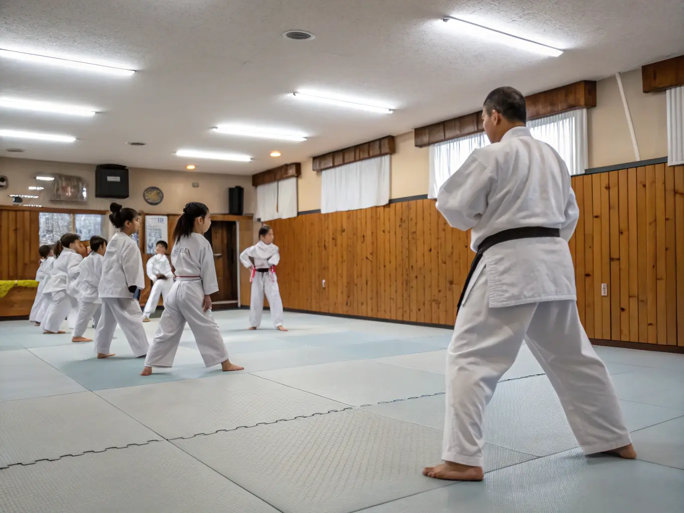 A group of young children in white taekwondo uniforms practicing basic stances under the guidance of an instructor in a well-lit dojang.