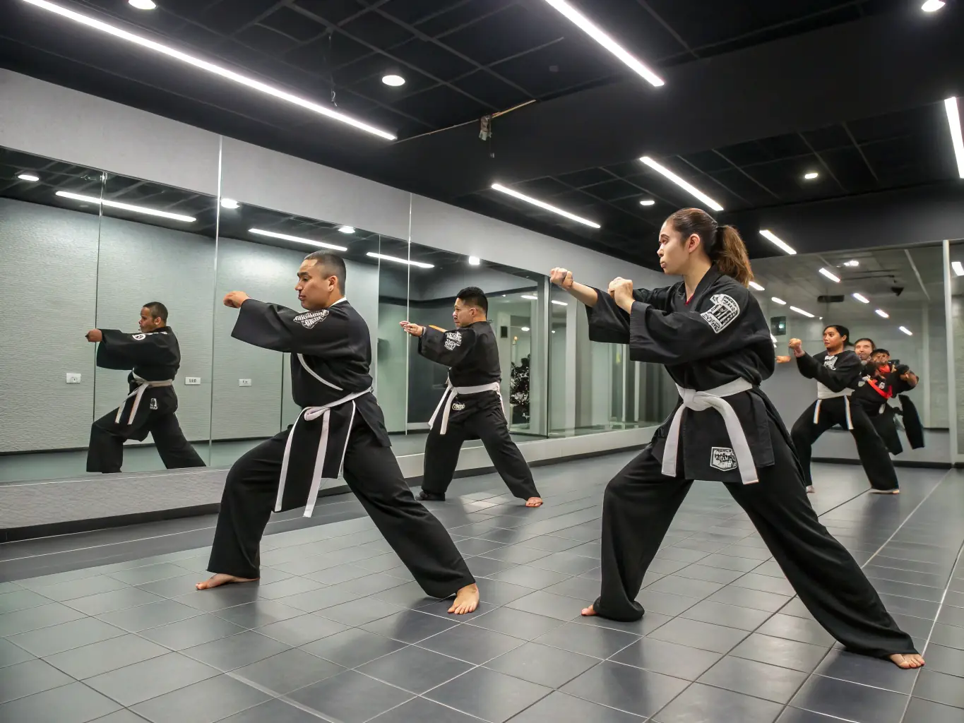 Adults in a Taekwondo class performing a synchronized form, showcasing precision and power.