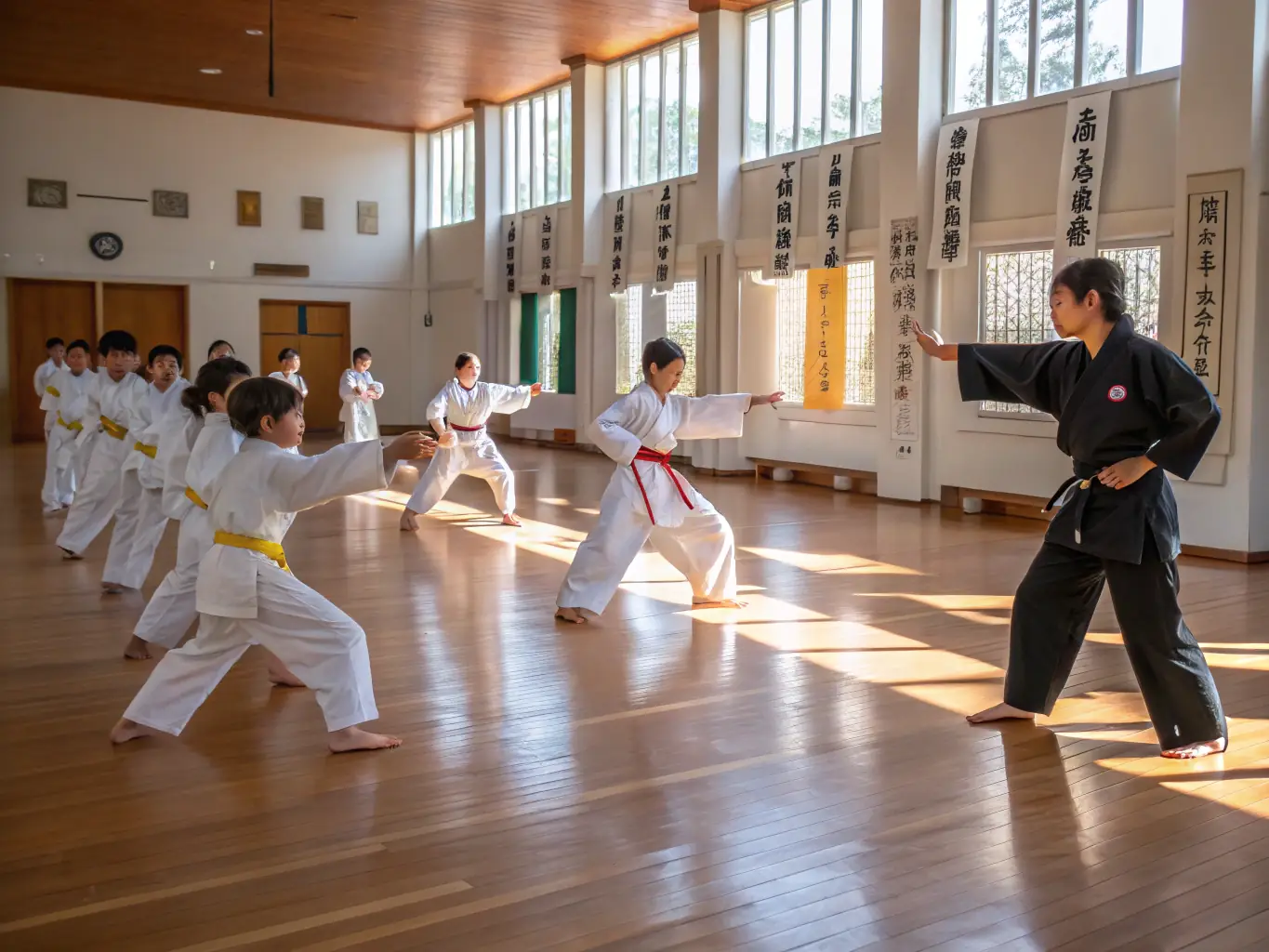 A diverse group of taekwondo practitioners participating in a poomsae (forms) competition, demonstrating precision and teamwork.