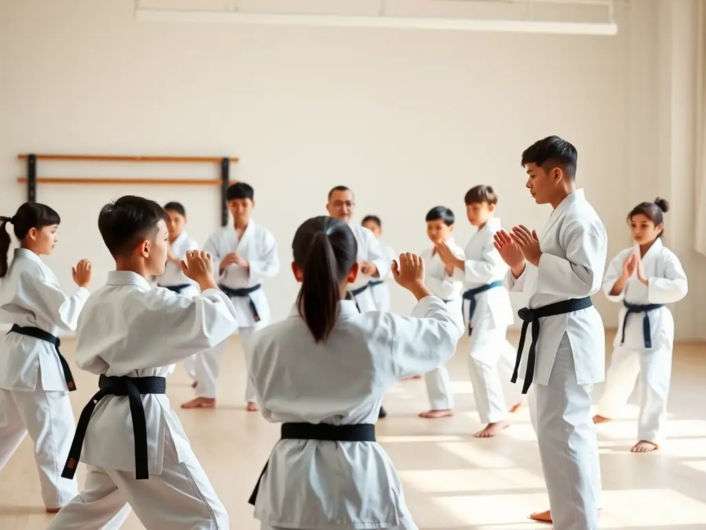 A group of children in white Taekwondo uniforms practicing basic stances under the guidance of an instructor in a dojang, emphasizing discipline and focus.