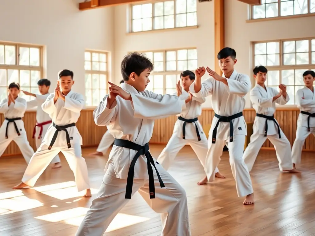 Teenagers practicing sparring techniques in a Taekwondo class, demonstrating agility and control.