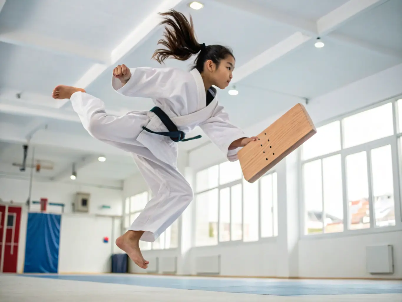 A young adult confidently breaking a wooden board with a precise kick, demonstrating the power and precision gained through Taekwondo training.